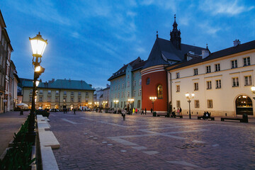 Krakow old town square at night, Poland