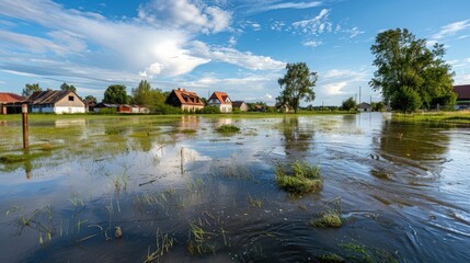 Obraz premium Aerial View of Widespread Flooding in Countryside. A rural area vividly illustrating extensive flooding, with water inundating roads, fields, and homes. Impact of floodwaters on a landscape