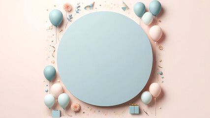 Modern Birthday Theme with Blue Wall and Decorations in pastel colors. Birthday background with free space for text.