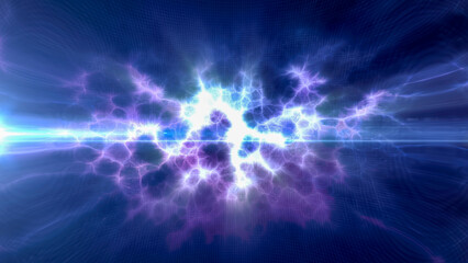 Blue energy glowing magic waves and electric lightning charges high-tech digital iridescent liquid plasma with light rays lines and energy particles. Abstract background