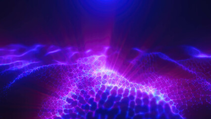 Purple energy magic digital high tech waves with light rays lines and energy particles. Abstract background