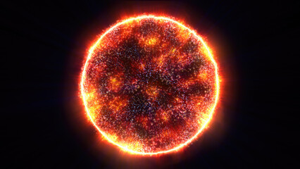 Yellow energy magic sphere round hi-tech light digital ball space planet star made of futuristic light rays lines and energy particles. Abstract background