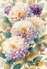 An exquisite painting showcasing purple and white flowers on a pristine white background, capturing the beauty of nature and floral arrangements in art
