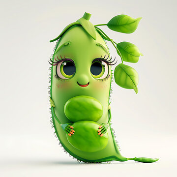Funny cute green pea with hands and eyes, 3d illustration on a white background, for advertising and design of vegetable dishes