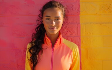 A woman is wearing a bright orange and yellow jacket and smiling. The jacket has a zipper and is made of a stretchy material
