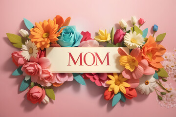 "Mother's Day": An illustration of the word "mom" made with flowers.