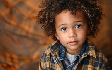 A young boy with curly hair is wearing a plaid shirt and a blue jacket. He is looking at the camera with a serious expression