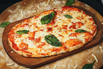 Handcrafted Heart-Shaped Margherita Pizza on Wooden Board, Garnished With Fresh Basil Leaves