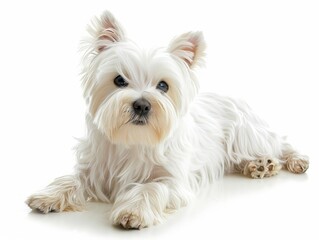 A small white dog is sitting on a white background. Generative AI.
