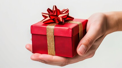 A person holding a red gift box with gold ribbon. Generative AI.