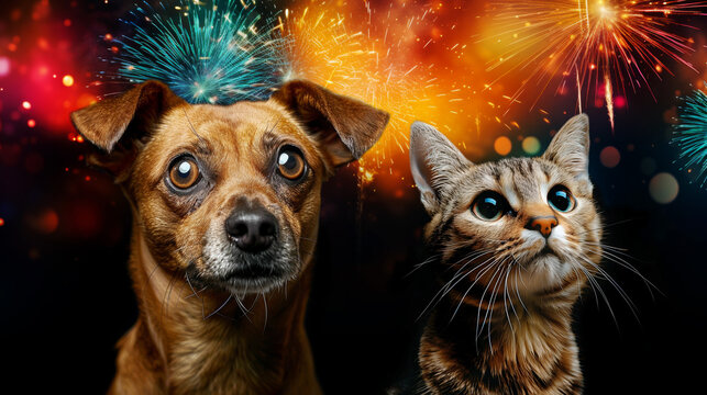 Dog and Cat Scared of Fireworks. Stress on New Year Concept