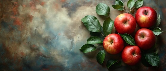 Red apples with leaves on a vintage background.