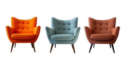 collection of modern chairs in various colors isolated on transparent background.