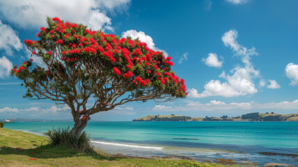 Blooming pohutukawa tree on the beach against blue sky on a sunny day. Iconic New Zealand's native Christmas tree. 