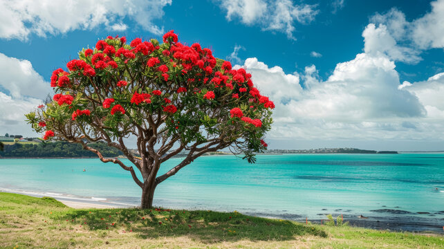 Blooming pohutukawa tree on the beach against blue sky on a bright sunny day. Iconic New Zealand's native Christmas tree. 