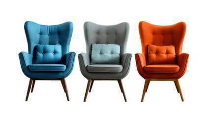 collection of modern chairs in various colors isolated on transparent background.