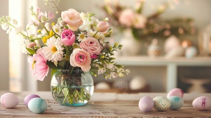 Easter table arrangement featuring flowers in a vase and decorated eggs