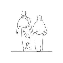 One continuous line drawing of a husband and wife who are performing the Hajj and Umrah in the holy land of Mecca. Worship is carried out in the month of Dzulhijah every year. Islamic design vector. 