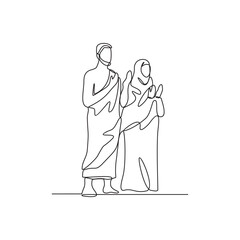 One continuous line drawing of a husband and wife who are performing the Hajj and Umrah in the holy land of Mecca. Worship is carried out in the month of Dzulhijah every year. Islamic design vector. 