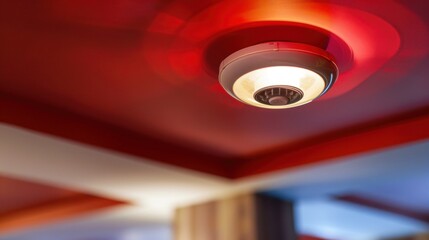 Closeup a fire alarm with red lamp lights on the ceiling modern indoor building. Generated AI image