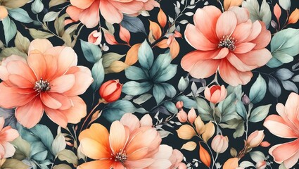 Seamless Endless Hand Drawn Watercolor Abstract Floral and Small Flowers Leaves Pattern Isolated Background
