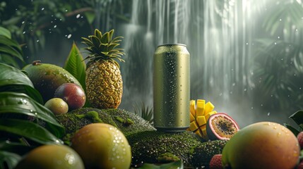 An elegant advertising jar of green drink stands on a stone covered with moss. The bottle is surrounded by a variety of tropical fruits - mangoes, pineapples and passion fruit.