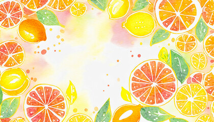 Orange, yellow and green painted watercolor citrus fruit summer food border background frame for menu, stationary, invite, backdrop, wallpaper, with colorful sliced lemons and oranges.