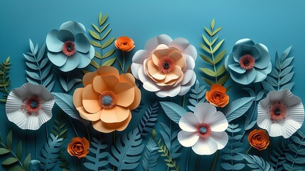 paper craft style illustration, beautiful cosmos flower covered on wall background wallpaper, Generative Ai	
