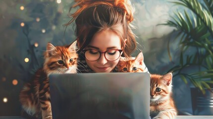 Girl with two adorable cats and laptop