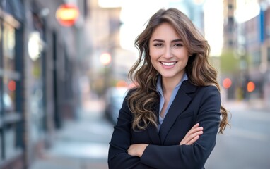 Young very pretty smiling professional businesswoman, confident positive female entrepreneur standing outdoor on street, looking at camera
