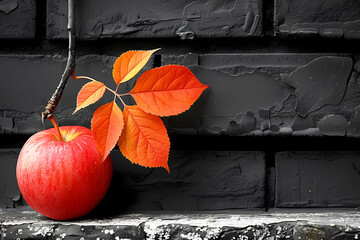 Against the stark contrast of the black and white brick background, a tree branch extends proudly, bearing a luscious red apple and vibrant orange leaves, creating a vivid tableau of autumnal splendor