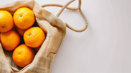 Fresh oranges in a textile bag on a white background. Top view.