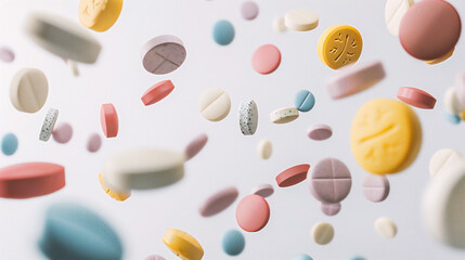 Many colorful pills falling on white background. Health care and medical concept