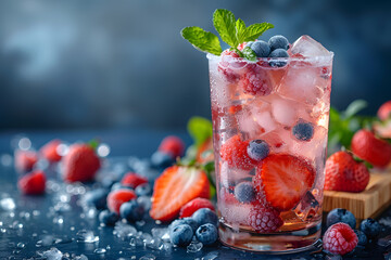 Fresh summer drinks cocktails with berries, fruits, ice and frost on glasses. Vacation open beach...