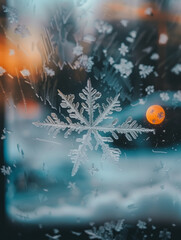 Winter time, cold winter days: close up photo of a huge snow flake on a window