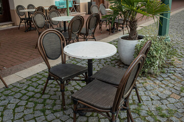 Restaurant outdoor terrace in city centre.Summer season