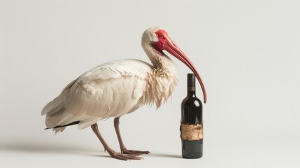 Obraz premium A white ibis with its beak raised, hugging a bottle of wine on a white background. Promotional photo.