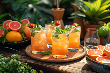 Fototapeta premium Fresh summer drinks cocktails with berries, fruits, ice and frost on glasses. Vacation open beach bar concept.