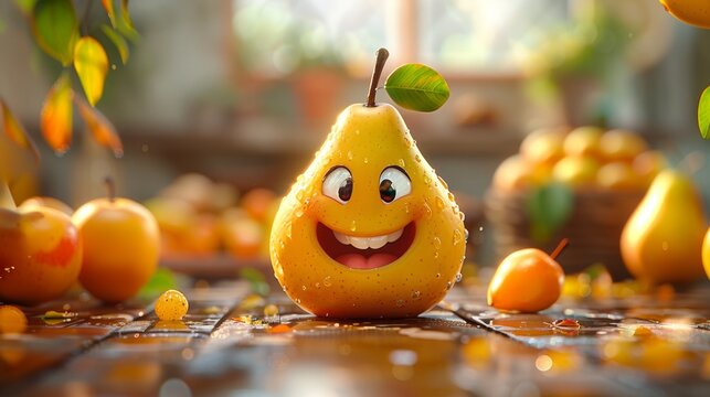 happy fruit illustration, cheerful pear character with a wide grin, a delightful and exuberant fruit drawing