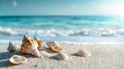 Beautiful beach with white sand, blue water and sea shells on the shore