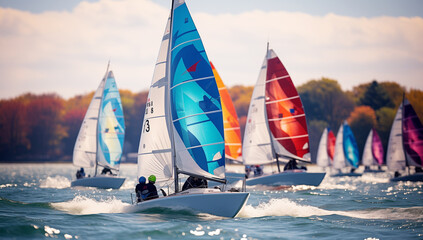 Sailboats racing with colorful sails on a windy day, competitive sailing regatta
