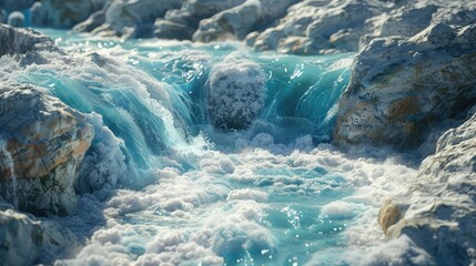 Detailed look at a glacier's meltwater river, turquoise water rushing through ice channels realistic