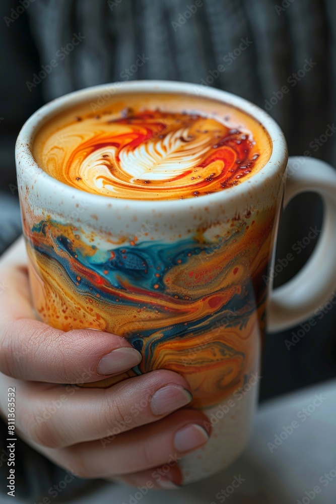 Wall mural A person holding a coffee cup with colorful swirls in it, AI