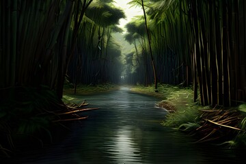  a serene bamboo forest with a small river running through it. The tall, dark green bamboo trees...