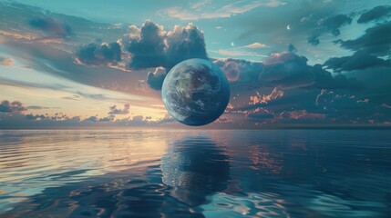 Earth globe levitating over a pool of water, moon reflection in the water, twilight, dramatic ambiance realistic