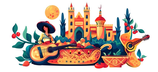 Traditional Spanish cultural elements isolated flat style illustration 
