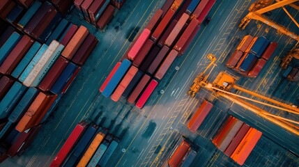 Obraz premium Transport container for cargo transportation background, shipping container yard, industrial port storage freight global. Industrial container yard for logistic import export business and forklift.