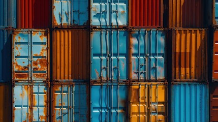 Fototapeta premium Transport container for cargo transportation background, shipping container yard, industrial port storage freight global. Industrial container yard for logistic import export business and forklift.