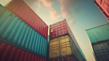 Fototapeta premium Transport container for cargo transportation background, shipping container yard, industrial port storage freight global. Industrial container yard for logistic import export business and forklift.
