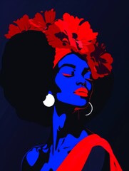 An illustration of a woman in a minimalist style in trendy red, blue and black colors. The concept of individuality